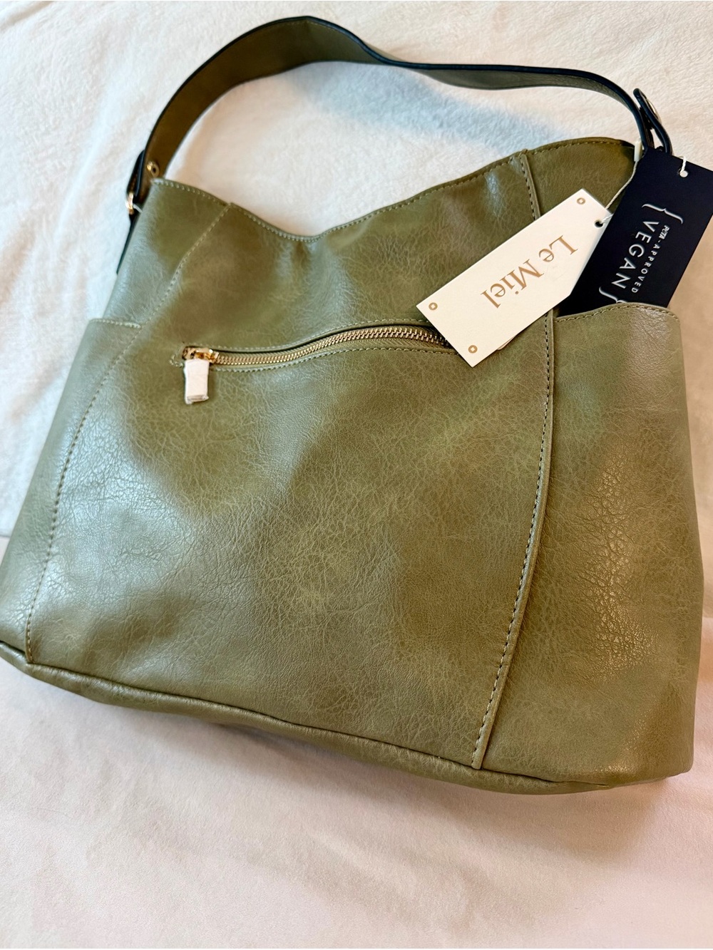 Le Mila NWT Olive Green Vegan Leather Hobo Bag with Front Zip Pocket